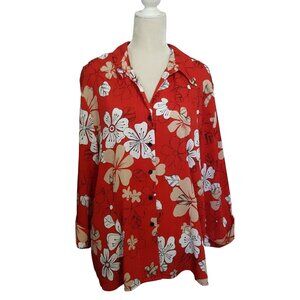 Vtg Apparenza Women's Top Shirt  2X Button Front Red floral‎ 3/4 Cuffed Sleeve